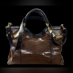 VTG Milly Brown Croc Embossed Leather Handbag Crossbody Bag Gold Accents NYC